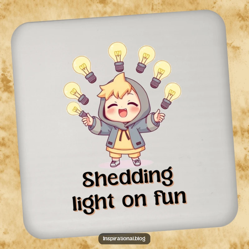 Funny drink coaster showing a character juggling bright light bulbs, protecting surfaces with a humorous, creative design.