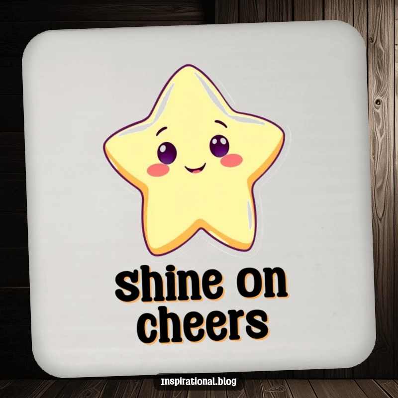 Funny cute star drink coasters depicting a cheerful star character shining brightly with a wide grin, perfect for a dazzling table setting.