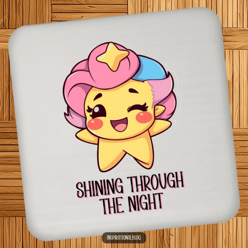 Funny Star Character winking with pride on a drink coaster, adding a touch of celestial humor to beverage protection.
