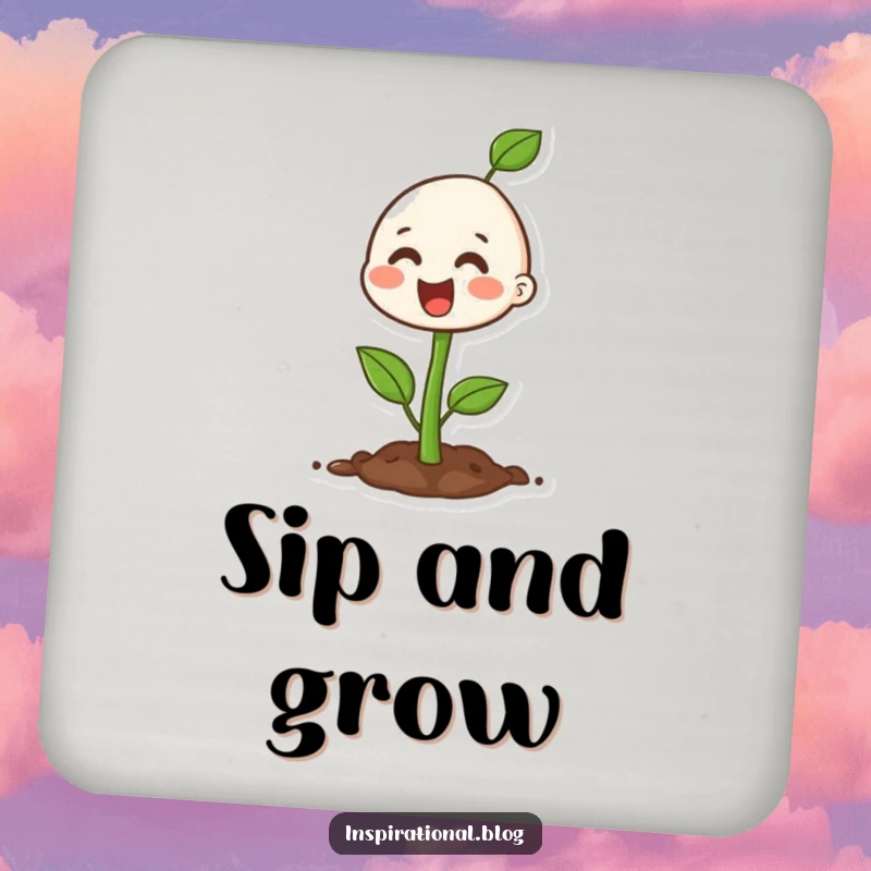 Funny happy seedling character on a drink coaster, bringing a touch of green growth.