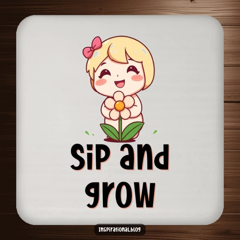 Funny drink coaster featuring a happy character planting a smiling flower, adding natural cheer and humor.