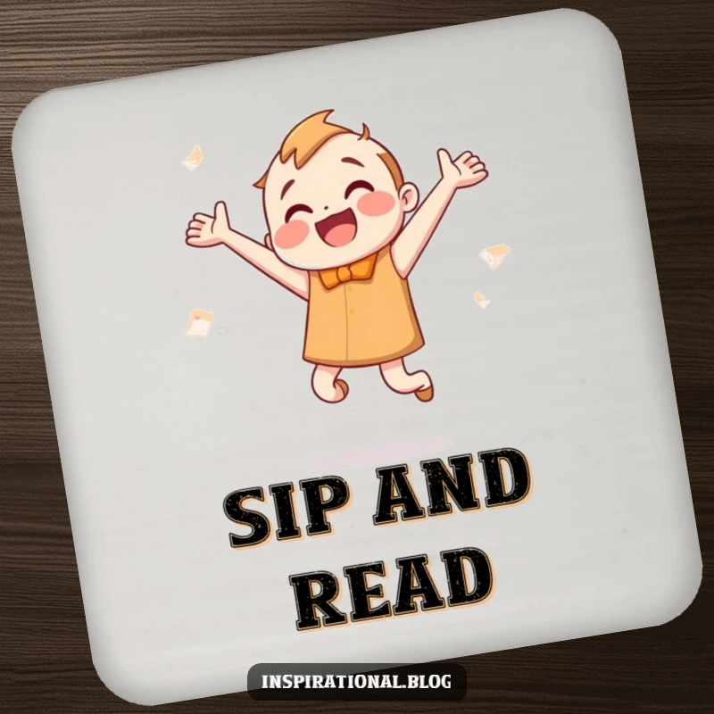 Funny Coasters: A happy, smiling book character jumps enthusiastically, pages fluttering, protecting surfaces.