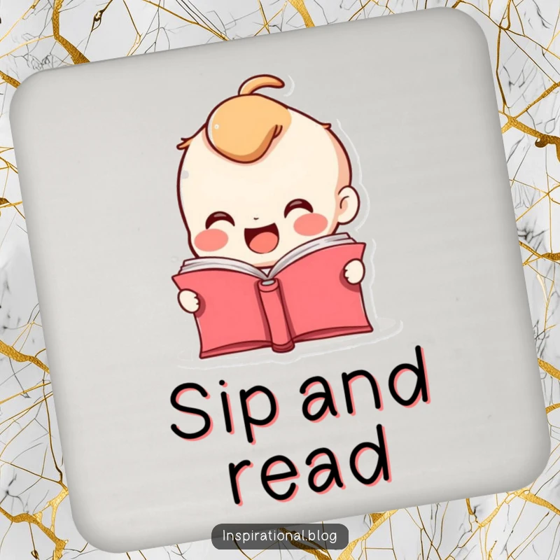 Funny drink coaster depicting a smiling book character with pages fluttering open, showcasing literary enthusiasm.