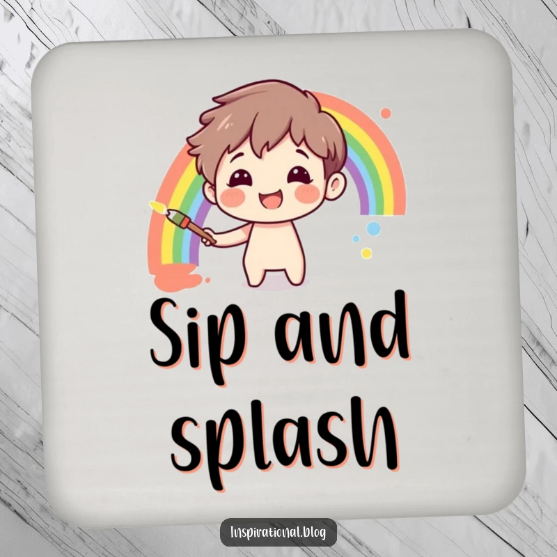 Funny character painting a rainbow on a canvas on drink coasters, adding artistic flair and humor to any table.
