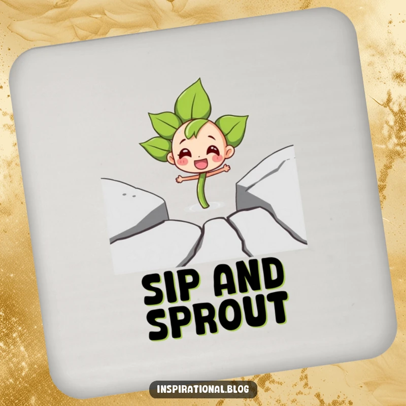 Funny drink coasters featuring a determined sprout character joyfully breaking through pavement, symbolizing strength and protecting surfaces.