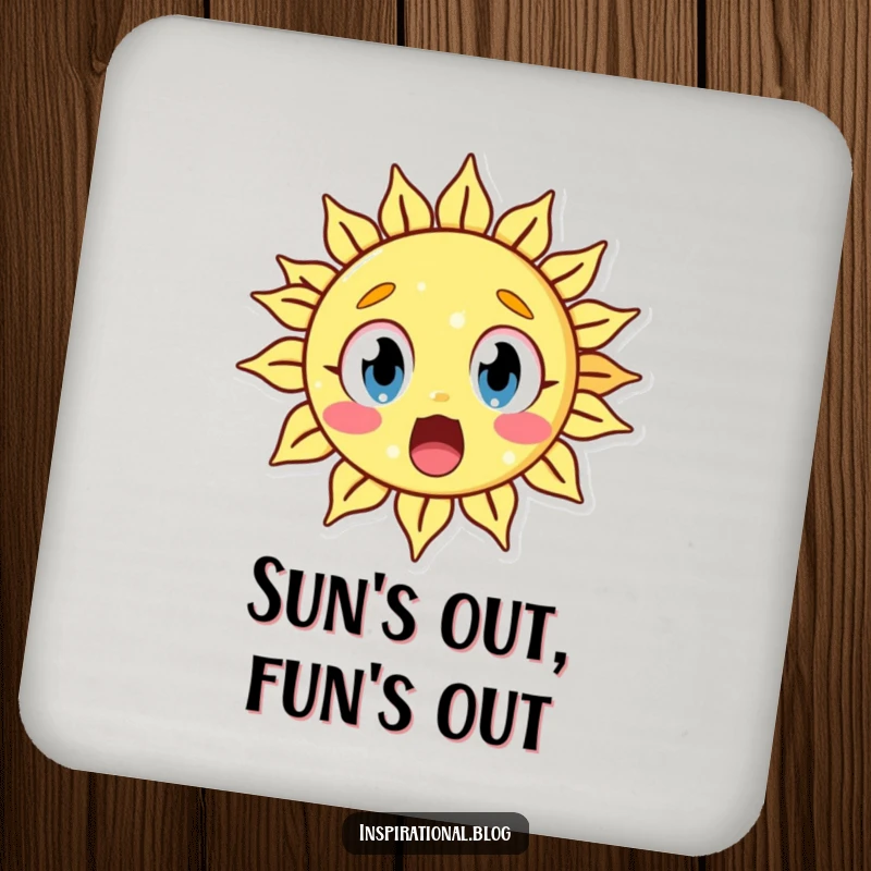 Funny drink coasters featuring a surprised sun character with wide eyes, protecting surfaces with comical astonishment and humor.