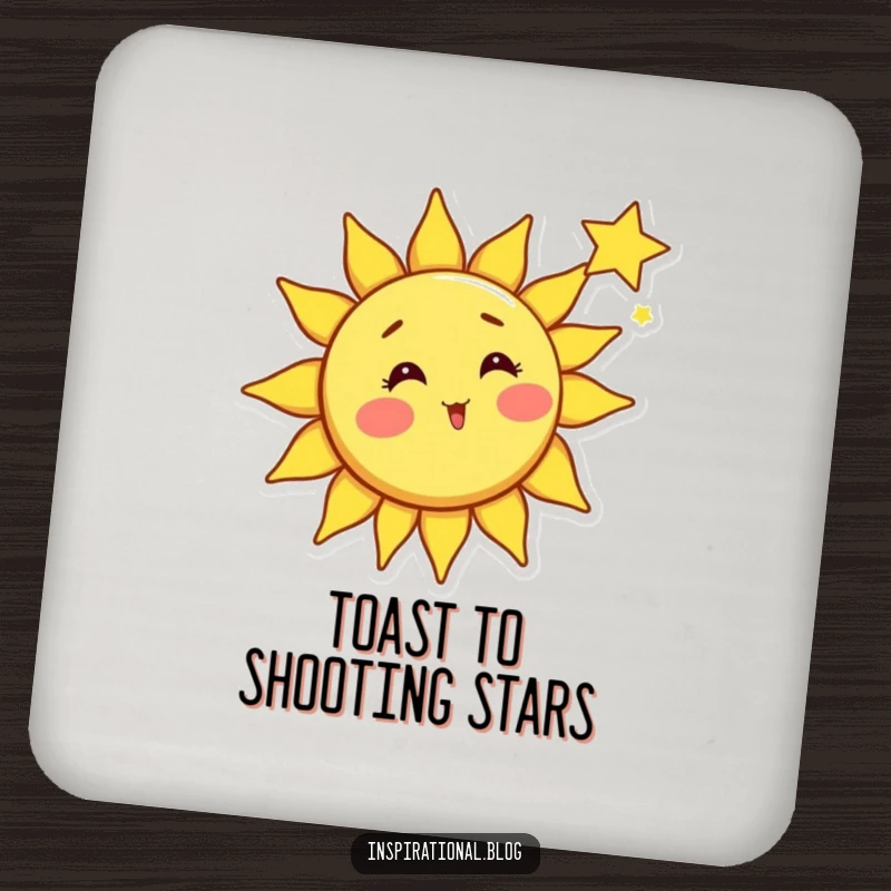 Funny sun coasters, bright sun character with rosy cheeks surprised by a shooting star, celestial art, table protection.