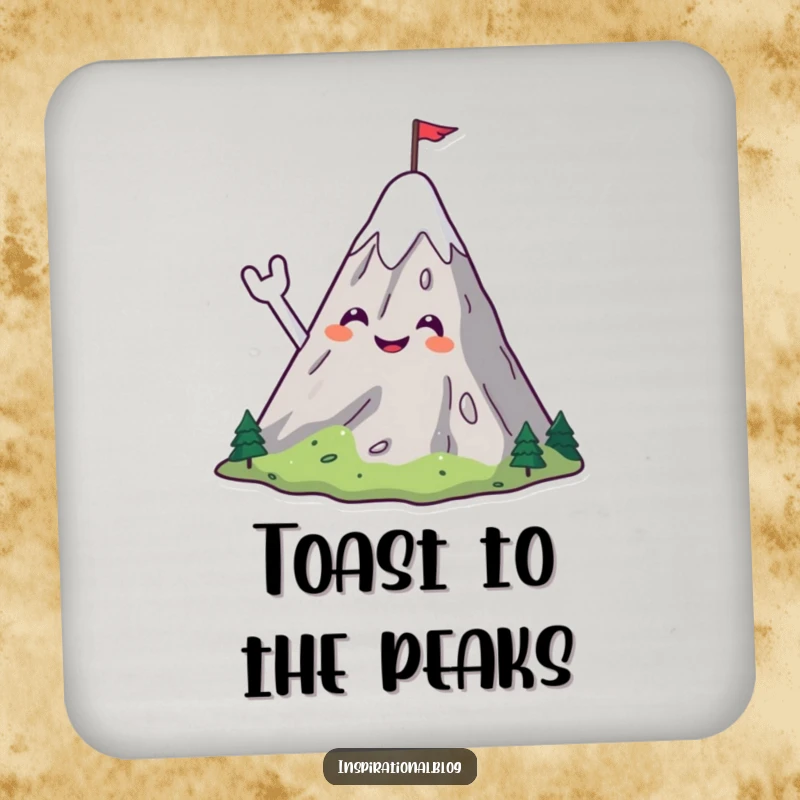 Funny drink coasters featuring a smiling mountain character cheerfully waving with a flag, protecting surfaces with adventure.