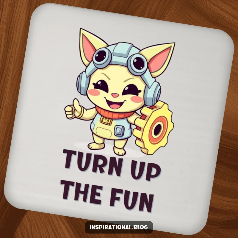 Funny gear character with a happy smile printed on a drink coaster, adding mechanical charm.