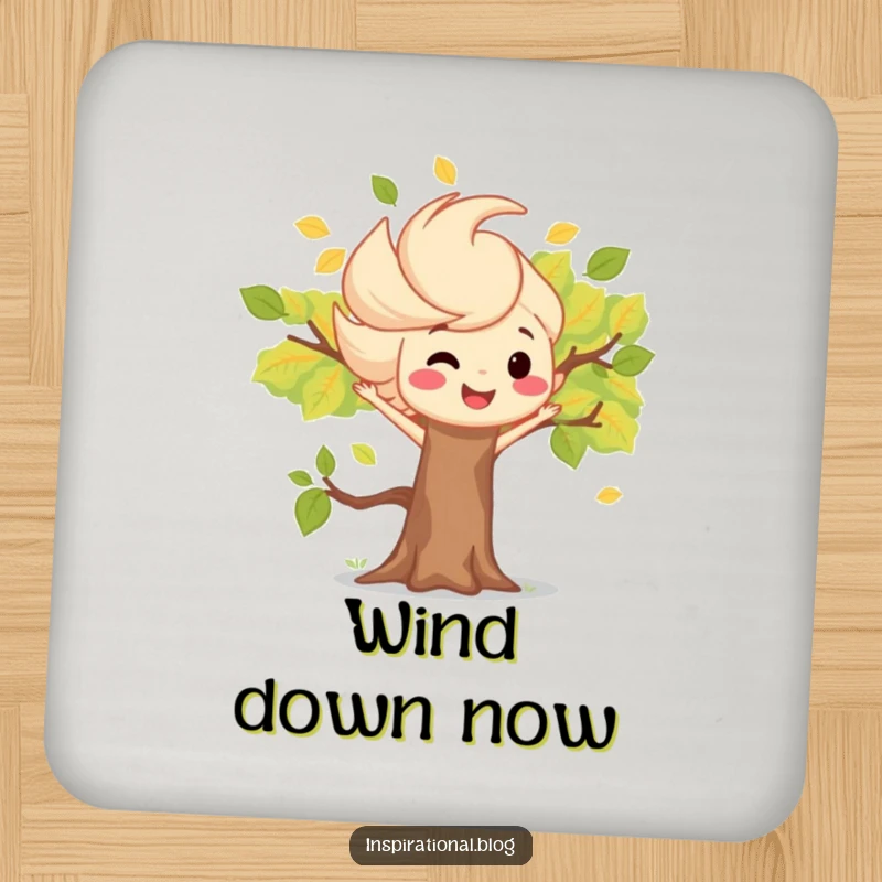 Funny drink coaster showcasing a playful wind gust character blowing leaves around a smiling tree, great for parties.