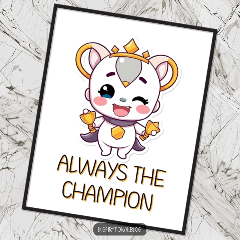 Funny Trophy Character beaming with pride on a poster, a golden depiction of success and celebratory joy.