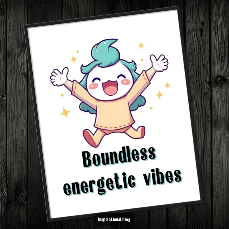 Funny poster art of a happy character leaping high with arms outstretched, enveloped in a shower of glittering sparkles.