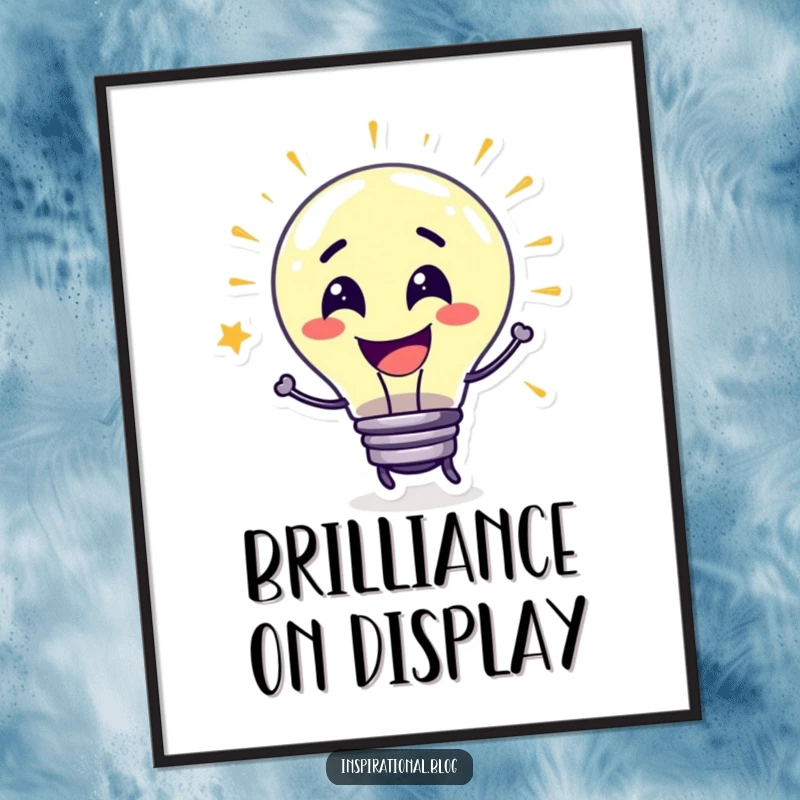Funny Poster of a grinning lightbulb character bursting with colorful ideas, symbolizing innovation and humor.