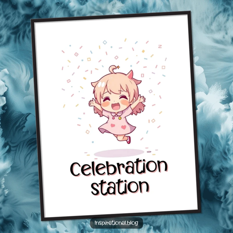 Funny poster art of a character dancing energetically, immersed in a delightful downpour of colorful confetti, creating a festive scene.