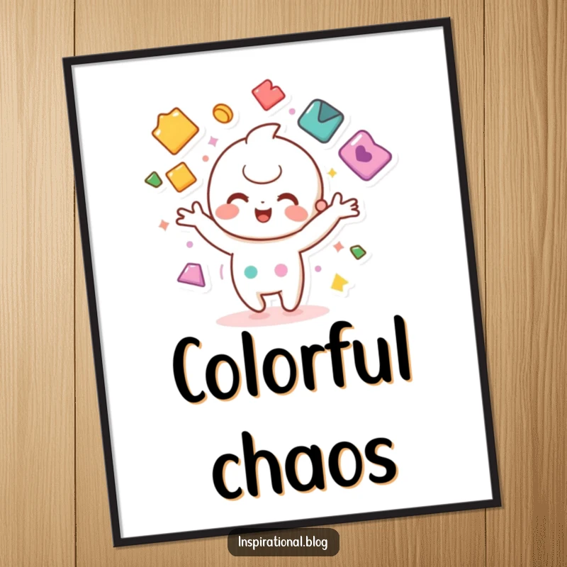 Funny poster of a kawaii character joyfully juggling colorful shapes, adding a dynamic and cheerful element to decor.