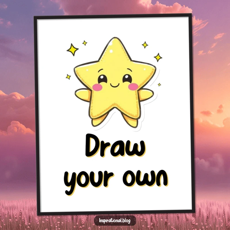 Funny poster of a pen character cheerfully drawing a star, adding a touch of creativity and optimistic art to any space.