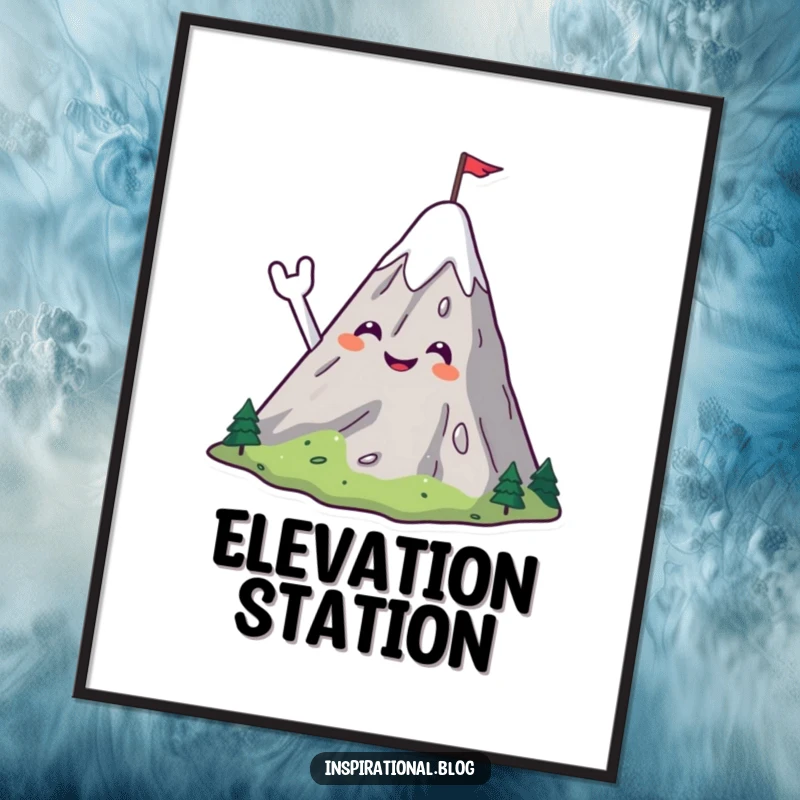 Funny poster of a smiling mountain character cheerfully waving with a small flag on its summit, embodying adventure.