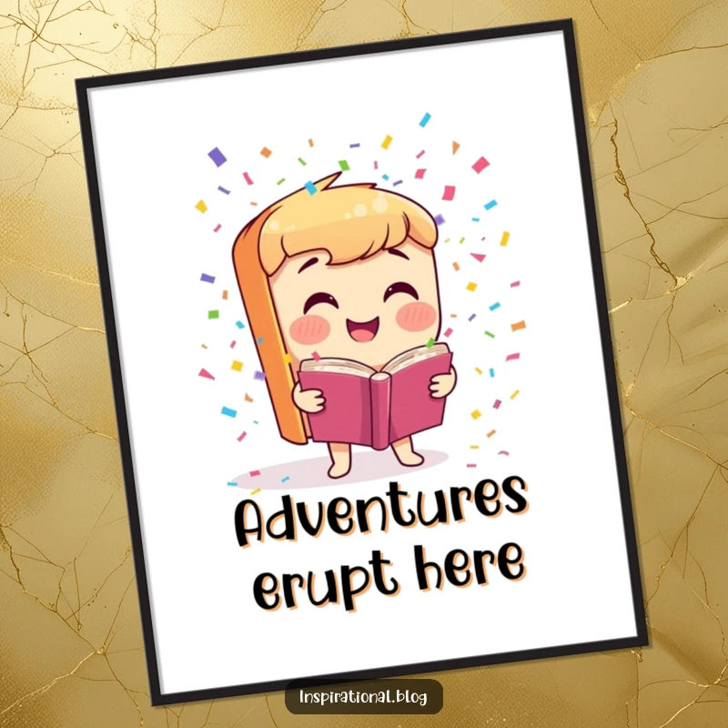 Funny Poster showcasing a smiling book character joyfully launching colorful confetti, adding vibrant and humorous wall art.