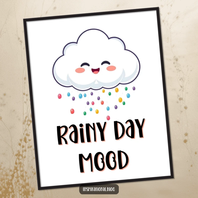 Funny poster of a cheerful rain cloud character giggling profusely while sprinkling a cascade of tiny, colorful drops.