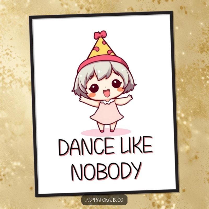Funny poster print of a tiny character doing a silly dance while wearing a tiny, festive hat, full of joy.