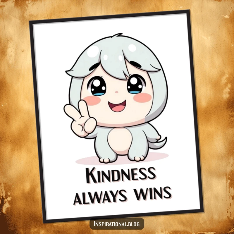 Funny poster depicting a character smiling gratefully at a small hand offering encouragement, symbolizing friendship and support.