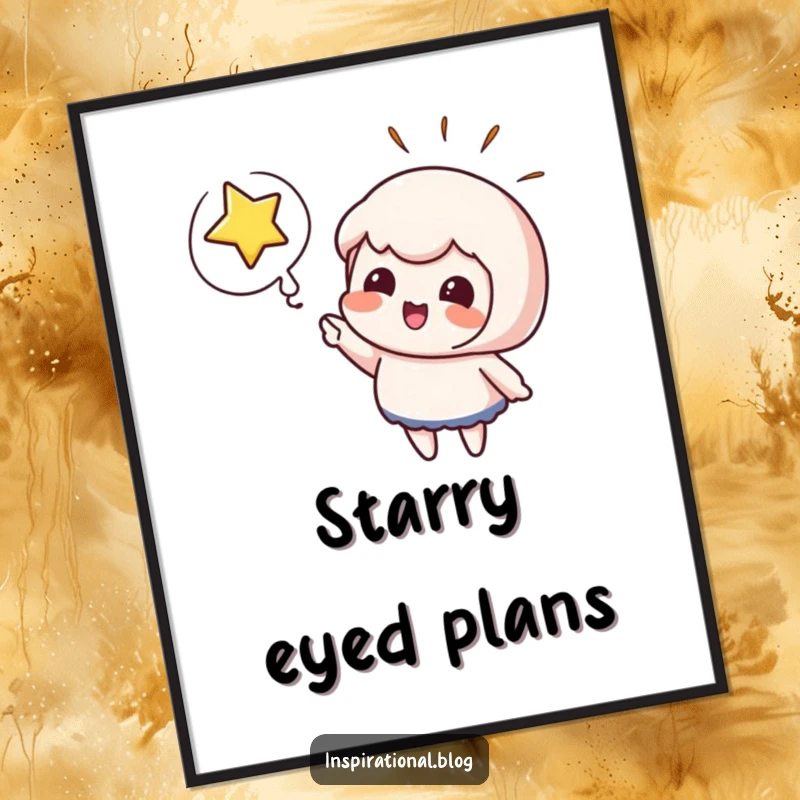 Funny poster art of a cute character pointing with excitement at a bursting star, thought bubble visible. Inspiring wall decor.