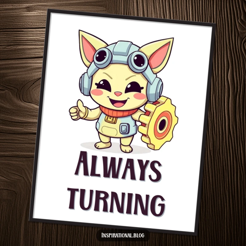 Funny gear character with a wide, mischievous smile, depicted turning, as a decorative wall poster.