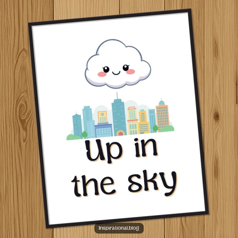 Funny poster of a cheerful cloud character floating serenely above a stylized cityscape, creating an atmosphere of joy and calm.