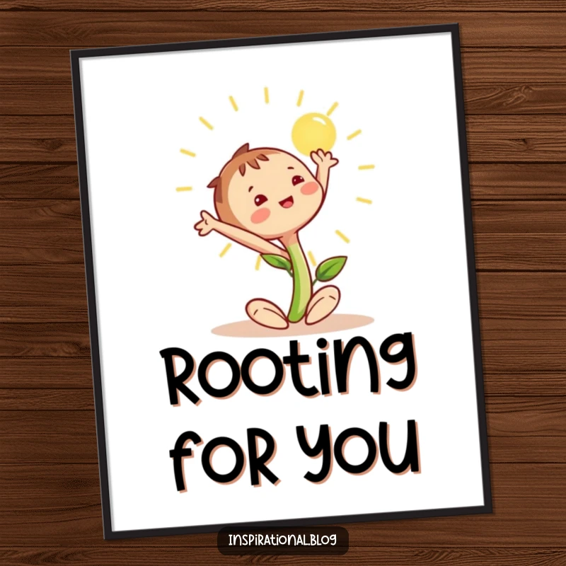 Funny seedling character with arms outstretched, reaching towards a bright sun, symbolizing growth and optimism, as a wall poster.