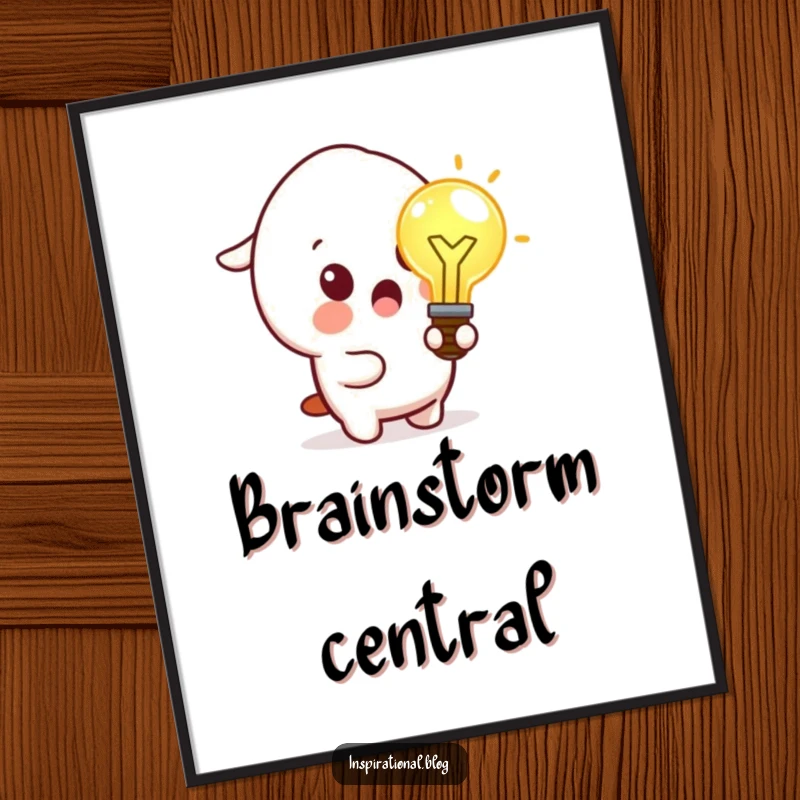 Funny poster print of surprised kawaii character holding a glowing idea lightbulb, symbolizing a moment of sudden insight.