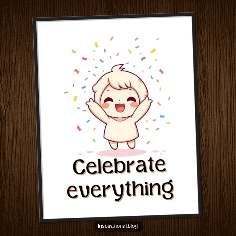 Funny poster print of a kawaii character joyfully throwing a confetti bomb, creating a festive explosion of colors.