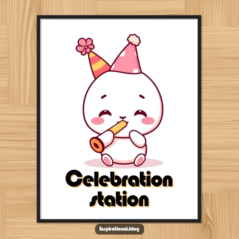Funny poster of a kawaii character in a party hat, energetically blowing a kazoo, adding festive decor.