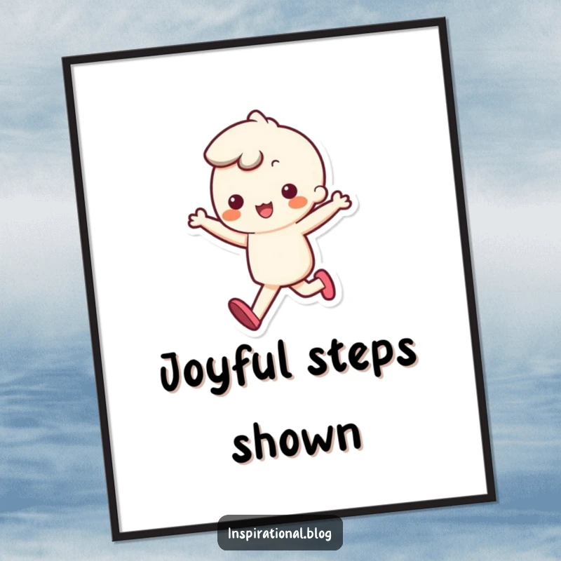 Funny poster of a kawaii character happily skipping with a visible bouncy step, adding cheerful energy to decor.