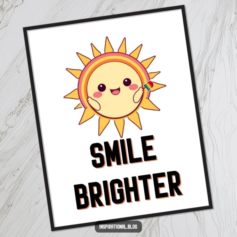 Funny poster featuring a kawaii character painting a colorful rainbow smile onto a stylized, beaming sun.