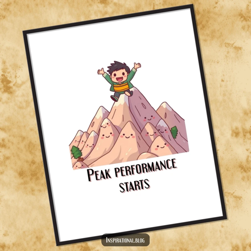 Funny poster art of a joyful character leaping over smiling, stylized mountains. Uplifting and adventurous wall decor.