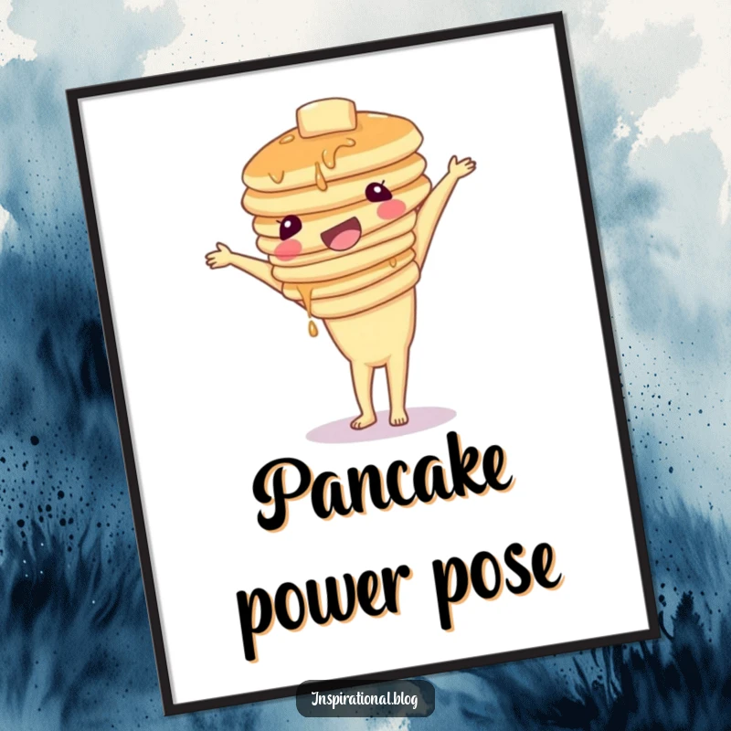 Funny poster capturing a wobbly stack of pancakes attempting a handstand, ideal for adding whimsical breakfast art and humor.
