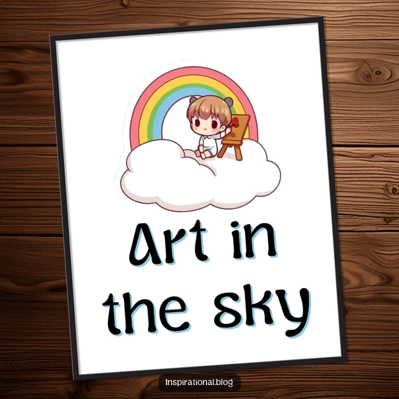 Funny poster of a small character painting a bright rainbow on a soft cloud, evoking a sense of wonder.