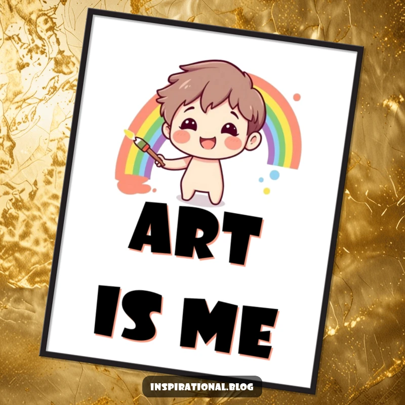 Funny character with a bright smile painting a rainbow on a clean canvas, depicted as joyful wall art on a poster.