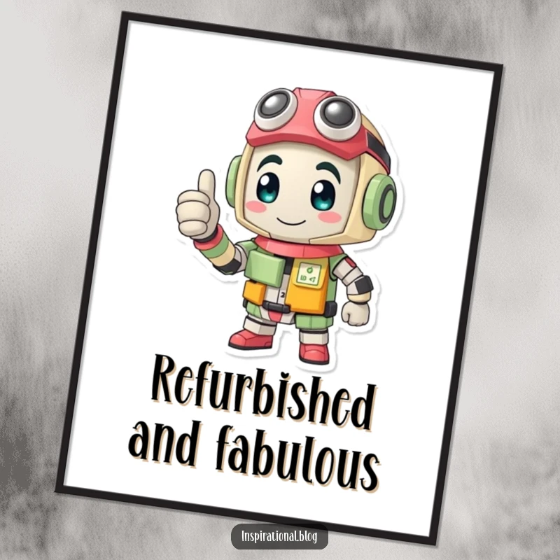 Funny poster illustrating a strong recycled character made of various parts, confidently giving a thumbs-up.