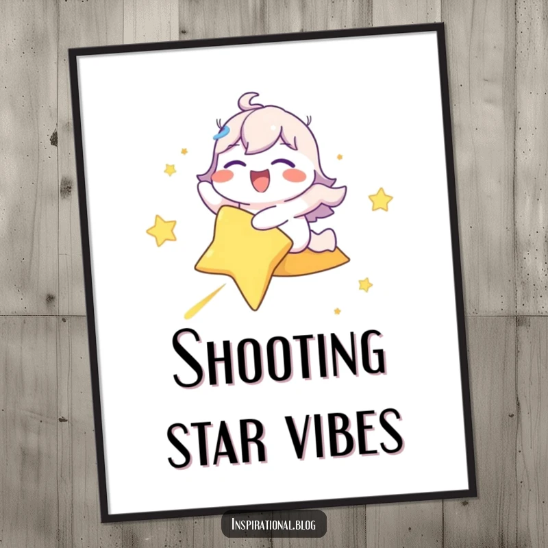 Funny poster artwork of a happy character eyes closed in delight, soaring on a shooting star against a cosmic background.