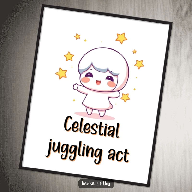 Funny poster art of a beaming character juggling tiny, glowing stars, creating a vibrant and humorous cosmic scene.