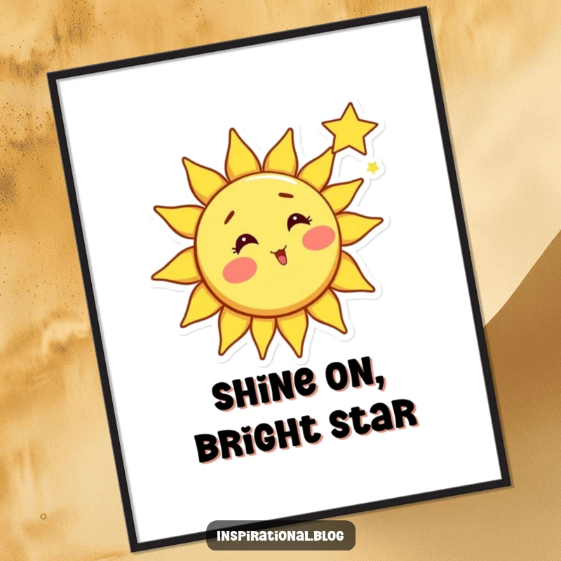 Funny sun poster, bright sun character with rosy cheeks surprised by a shooting star, whimsical celestial art, wall decor.