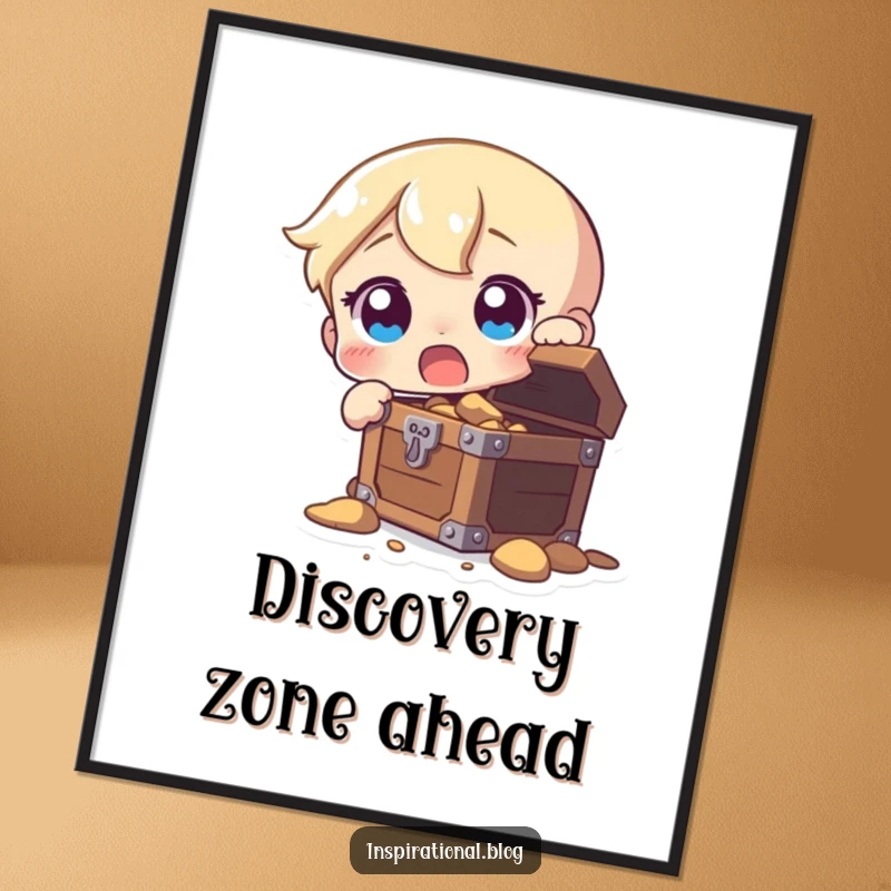 Funny poster art of a character looking utterly surprised, eyes wide, with a newly unearthed treasure chest before them.