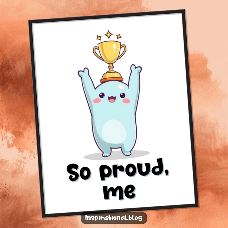 Funny character victoriously holding a tiny trophy, depicted on a poster that inspires celebration and humor.