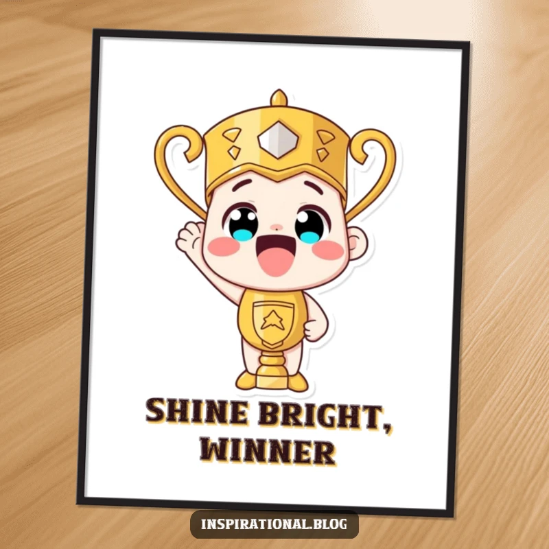 Funny trophy character beaming with pride, a vibrant poster celebrating victory and achievement with humor.