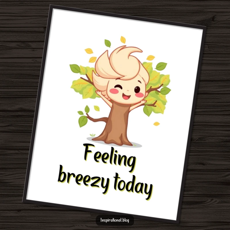 Funny poster showcasing a lively wind gust character scattering autumn leaves near a beaming, smiling tree.