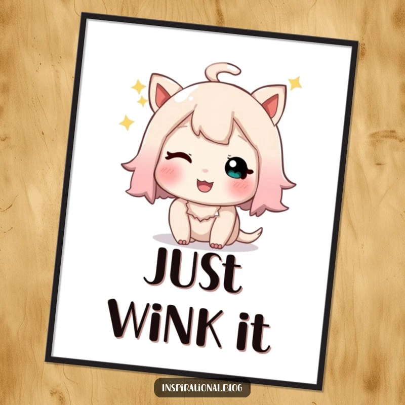 Funny poster print of a little character giving a playful, sparkly wink and a happy sigh, radiating charm.
