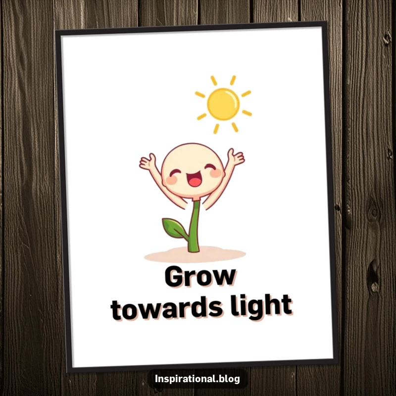 Funny Poster print of a cute sprout character joyfully reaching towards a radiant sun, embodying hope, growth, and happiness.