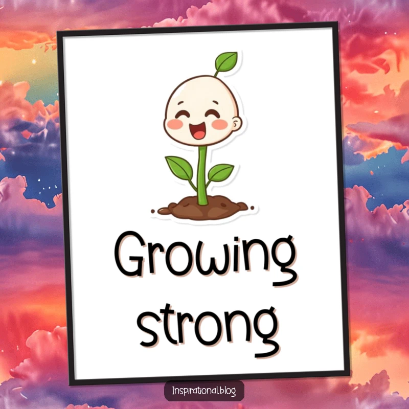 Funny happy seedling character bursting with vibrant colors on a poster, showcasing energetic growth.