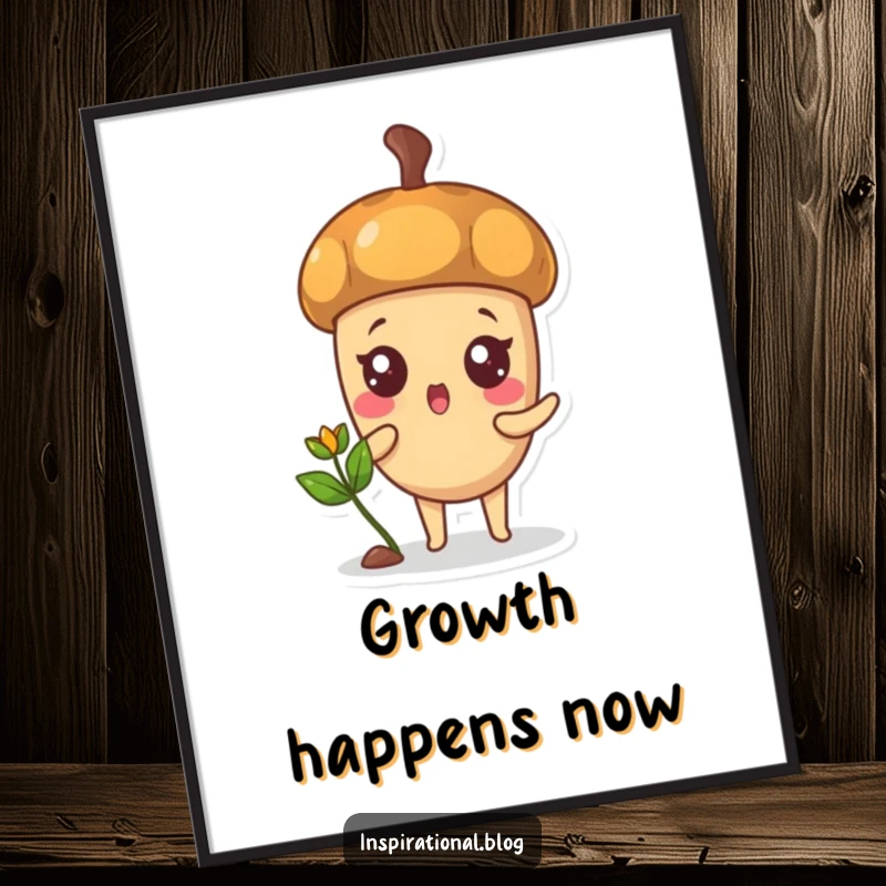 Funny poster of a surprised acorn character sprouting a tiny, happy sprout, ideal for home decor.